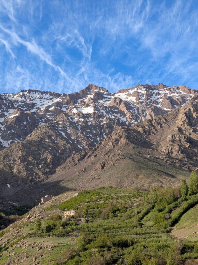Best day trips from Marrakech: snow-capped Atlas Mountains above a green valley